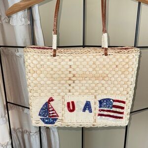 Patriotic USA Flag Straw Corn Husk Bag Tote Beach Fourth of July